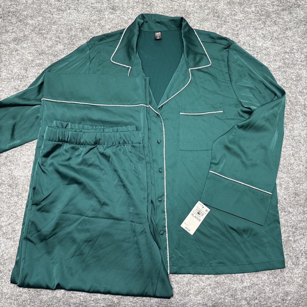 NEW INC pajama pj set womens XL top 2XL XXL bottoms green rhinestones lounge $89